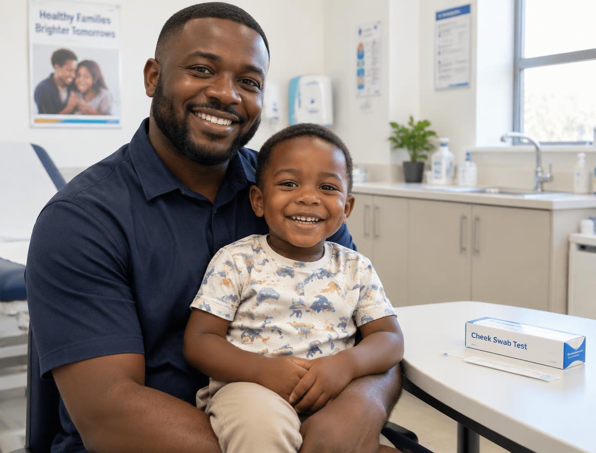 A Nigerian father with his young son at a clinic