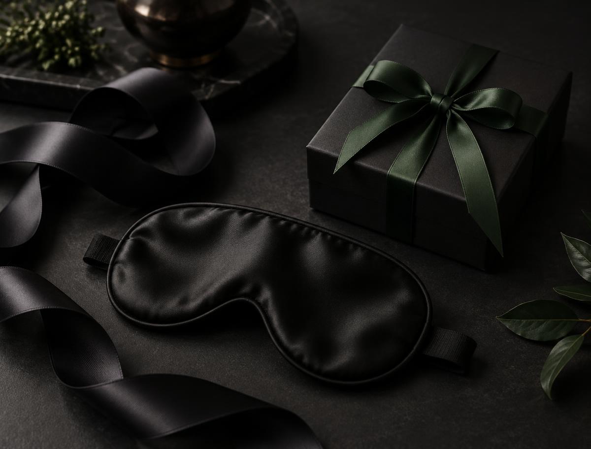 A plain black gift box, silk ribbon and blindfold