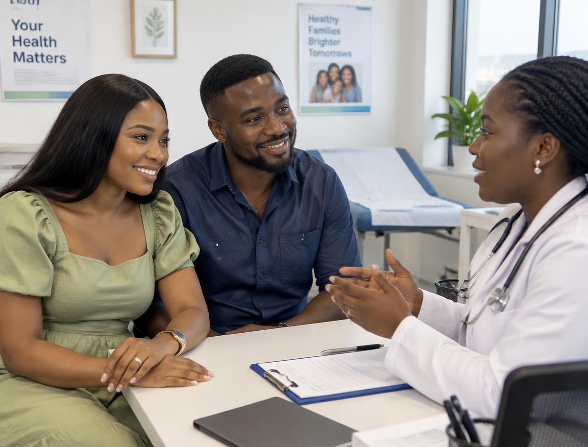 A Nigerian couple speaking with a doctor before marriage